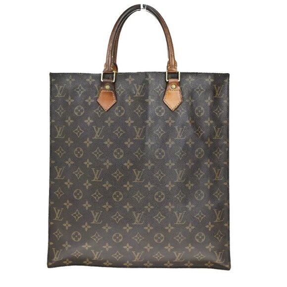 LOUIS VUITTON Logo Sac Plat Hand Tote Bag Monogram Leather Brown - Picture 3 of 16
